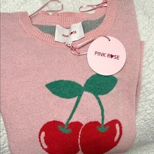 Pink Rose Pink Sweater with Cherry Motif